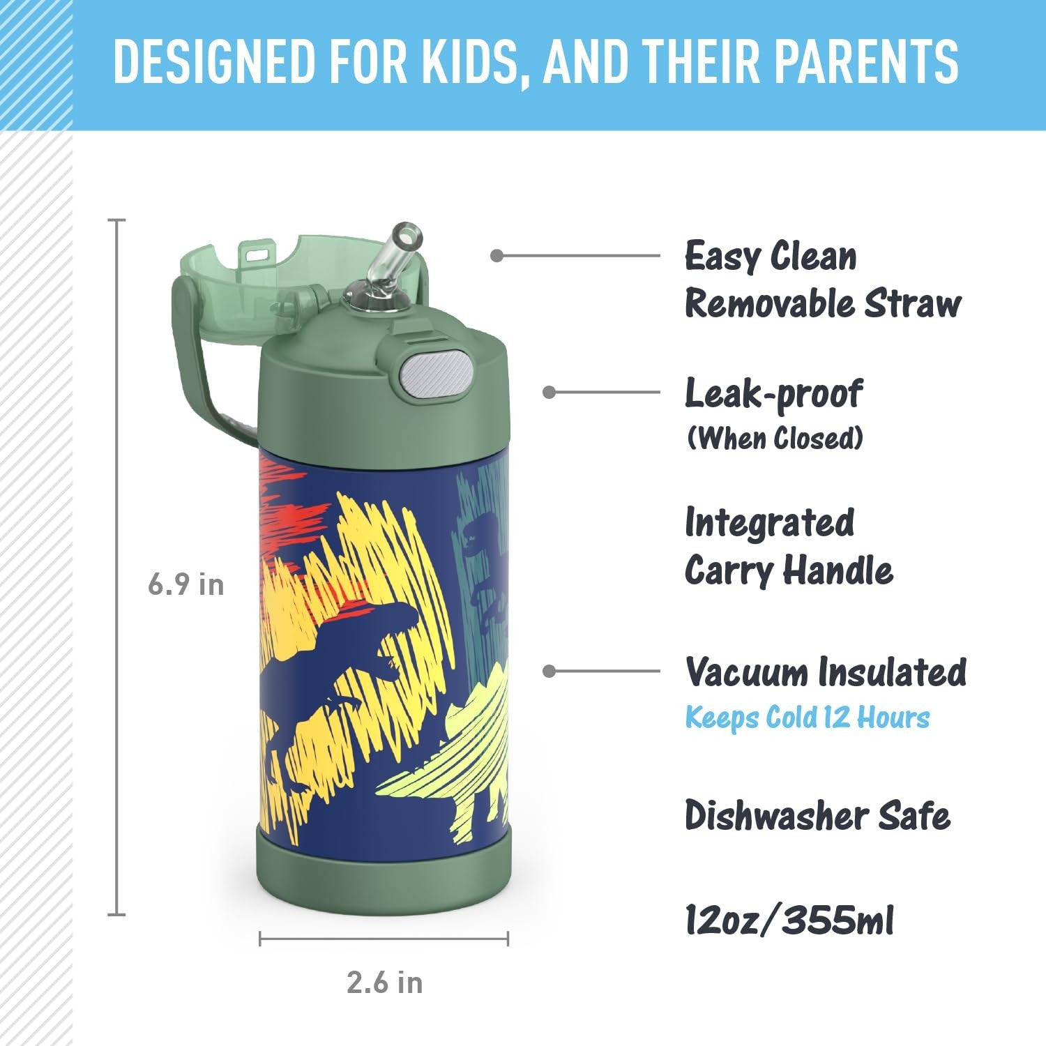 THERMOS FUNtainer 12oz Kids Water Bottle w/ Straw, Dinosaurs, Insulated