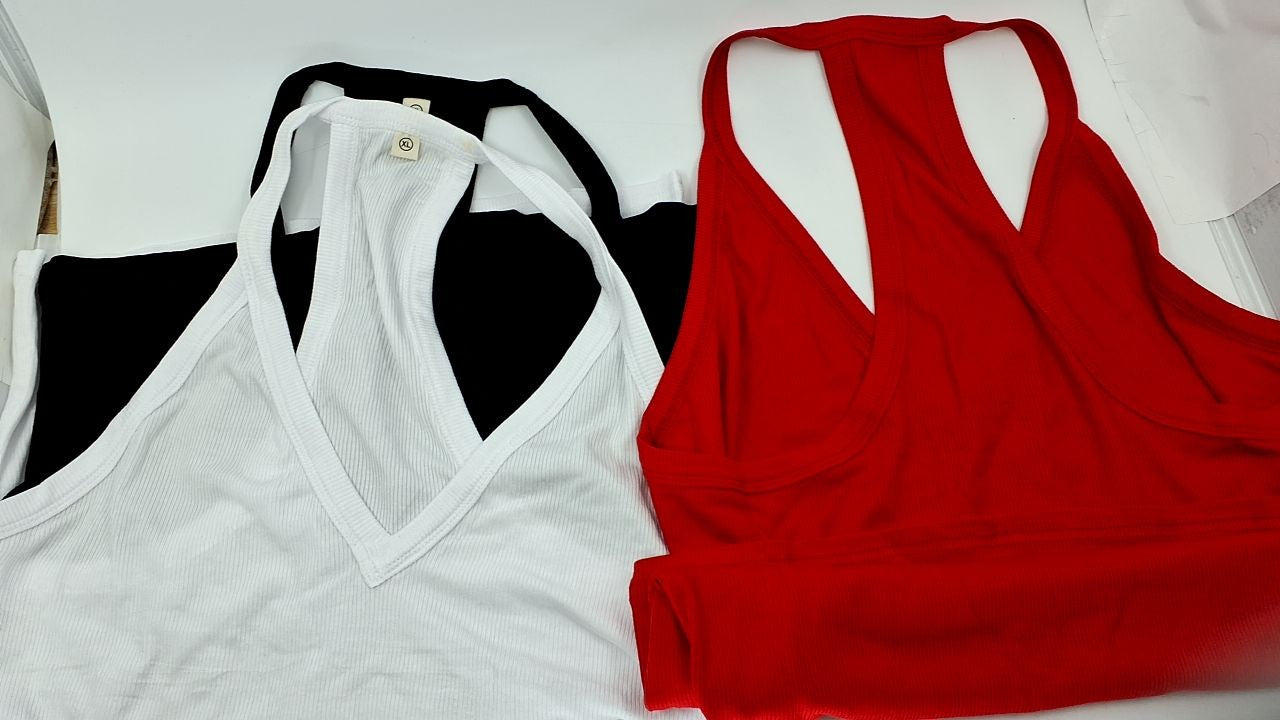 XL Women’s Ribbed Tank Top, Racerback, Black White Red, Gym Wear