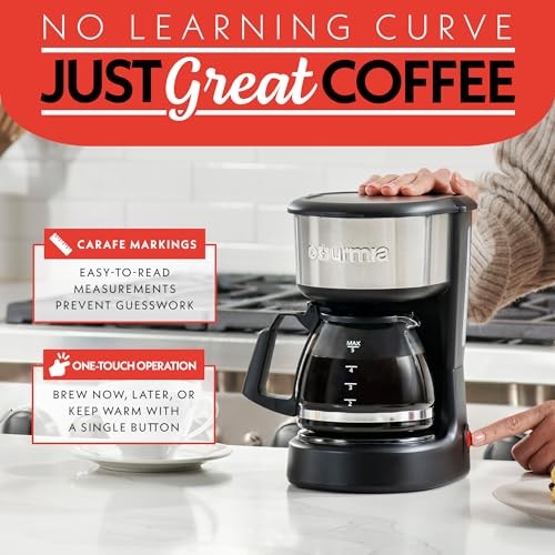 Gourmia One-Touch Coffee Maker, 5 Cup, Black & Stainless Steel Accents