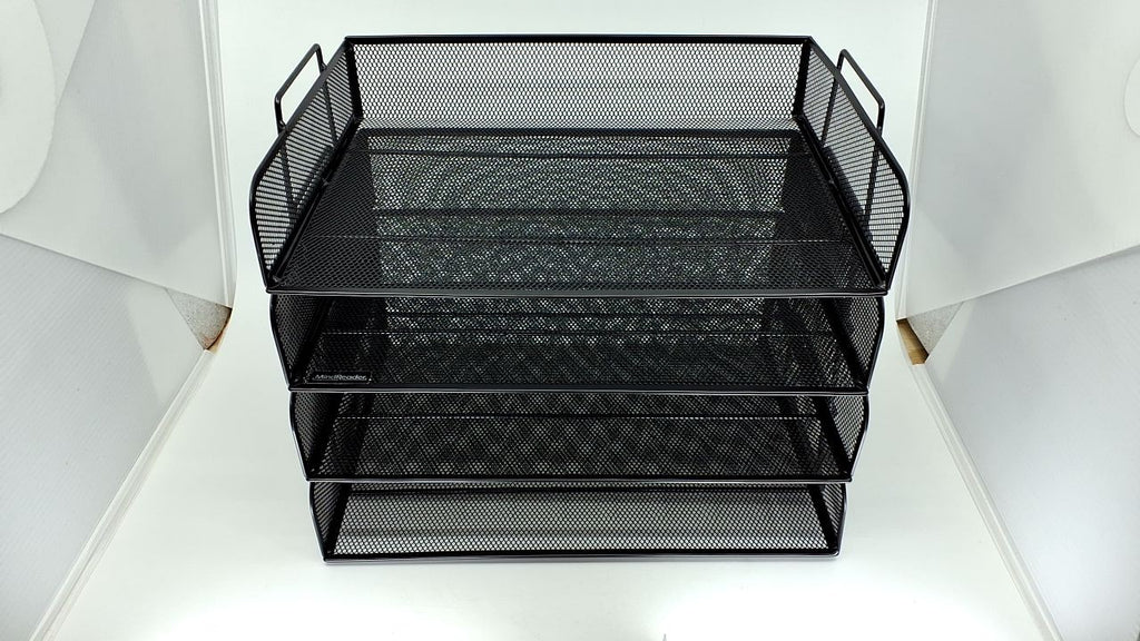 Black Stackable Paper Tray Set, 4 Pcs, Metal Mesh, Office Storage