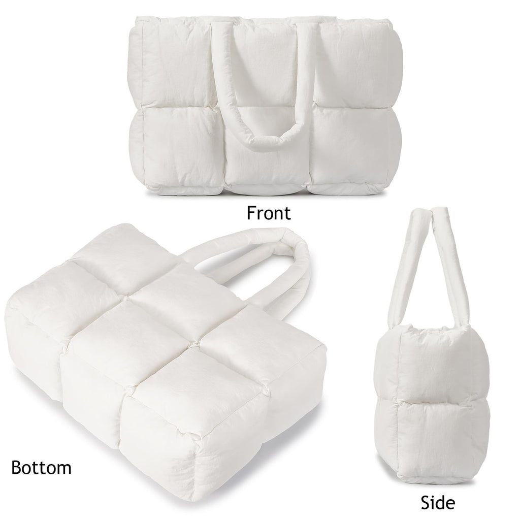 Lightweight White Quilted Puffer Tote Bag, Women's Large Handbag