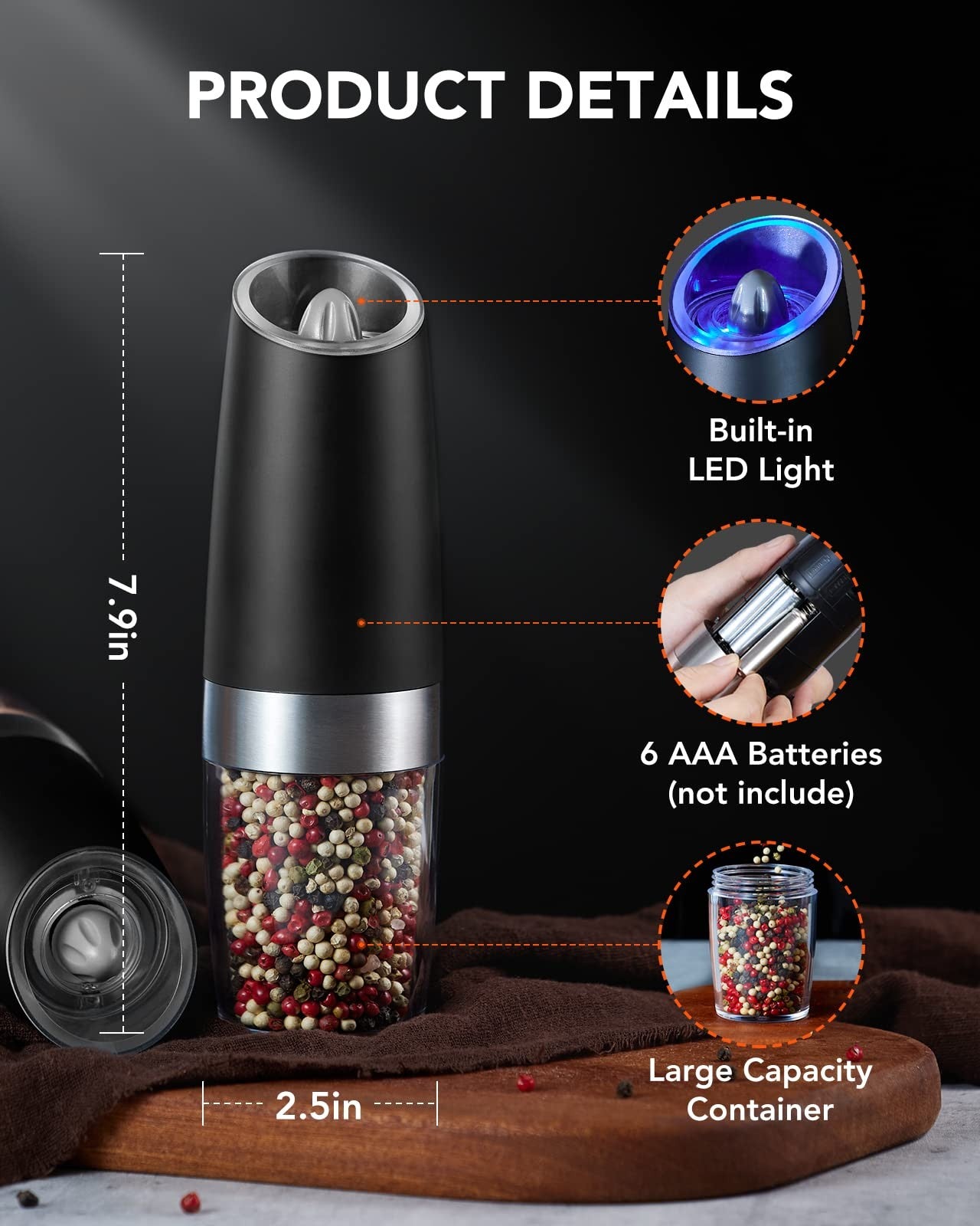 Automatic Salt & Pepper Grinder Set w/ LED Light, Black, Adjustable Coarseness