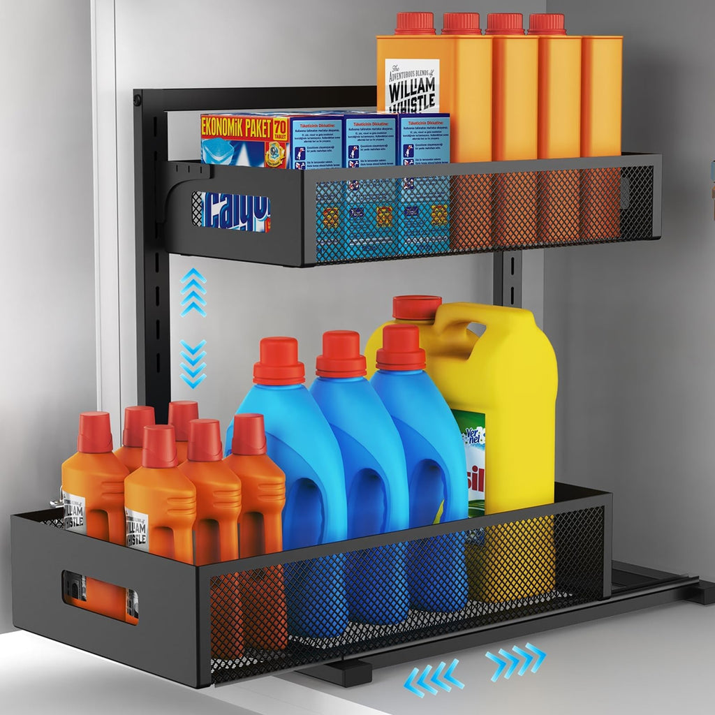 2-Tier Under Sink Organizer - Adjustable & Pull Out, Black Alloy Steel