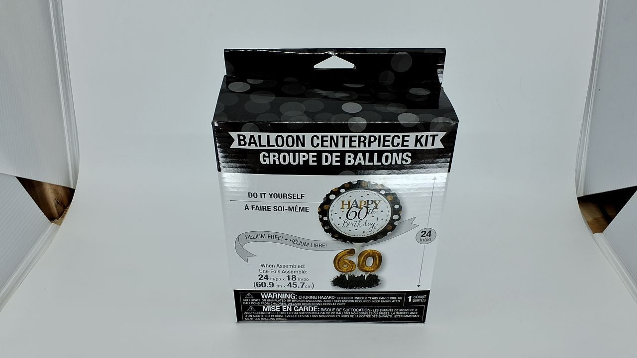 60th Birthday Balloon Centerpiece Black & Gold Mylar Decoration