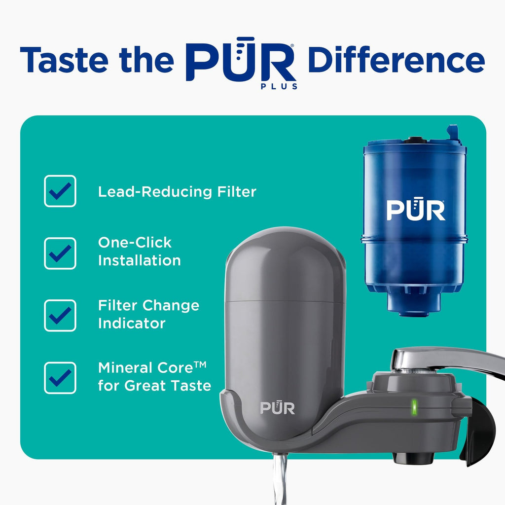 PUR Plus Faucet Mount Water Filter, Easy Install, 100 Gallons, Grey