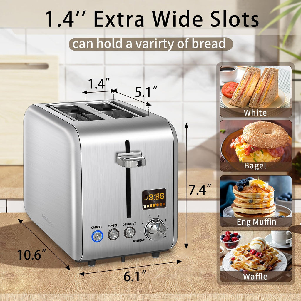 Modern 2 Slice Toaster 900W Silver Metallic w/ Bagel & Defrost Functions