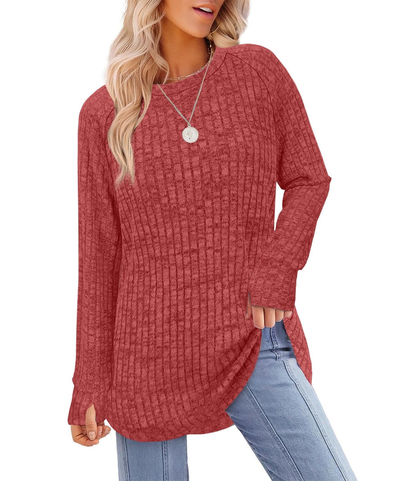 Red Thumb Hole Long Sleeve Sweatshirt for Women - Casual Style 2XL