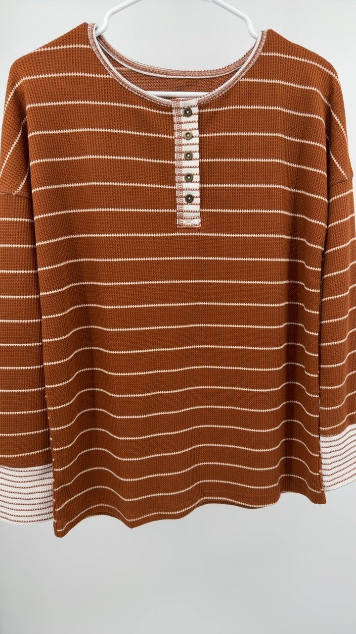 Striped Waffle Knit Henley Long Sleeve Top