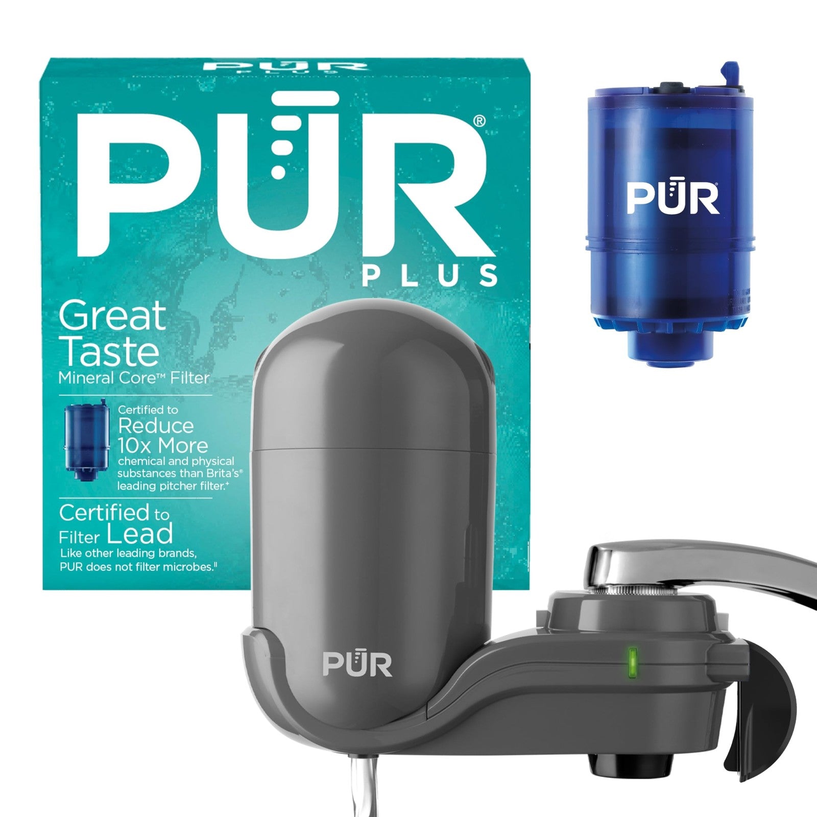 Lead-Reducing Faucet Mount Filter, PUR Plus, 100 Gallons, Grey