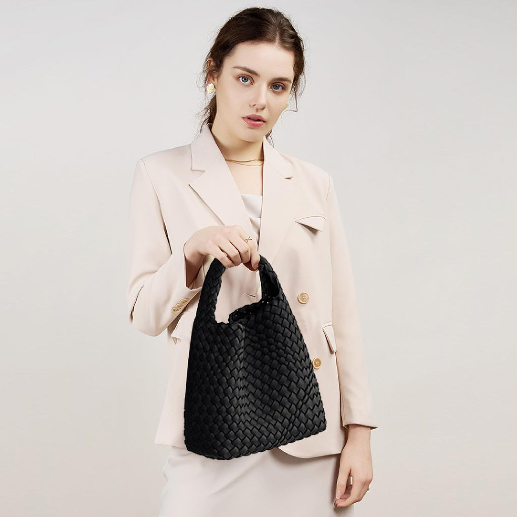 Ladies Black Neoprene Woven Tote Bag & Wallet - Adjustable Shoulder Bag