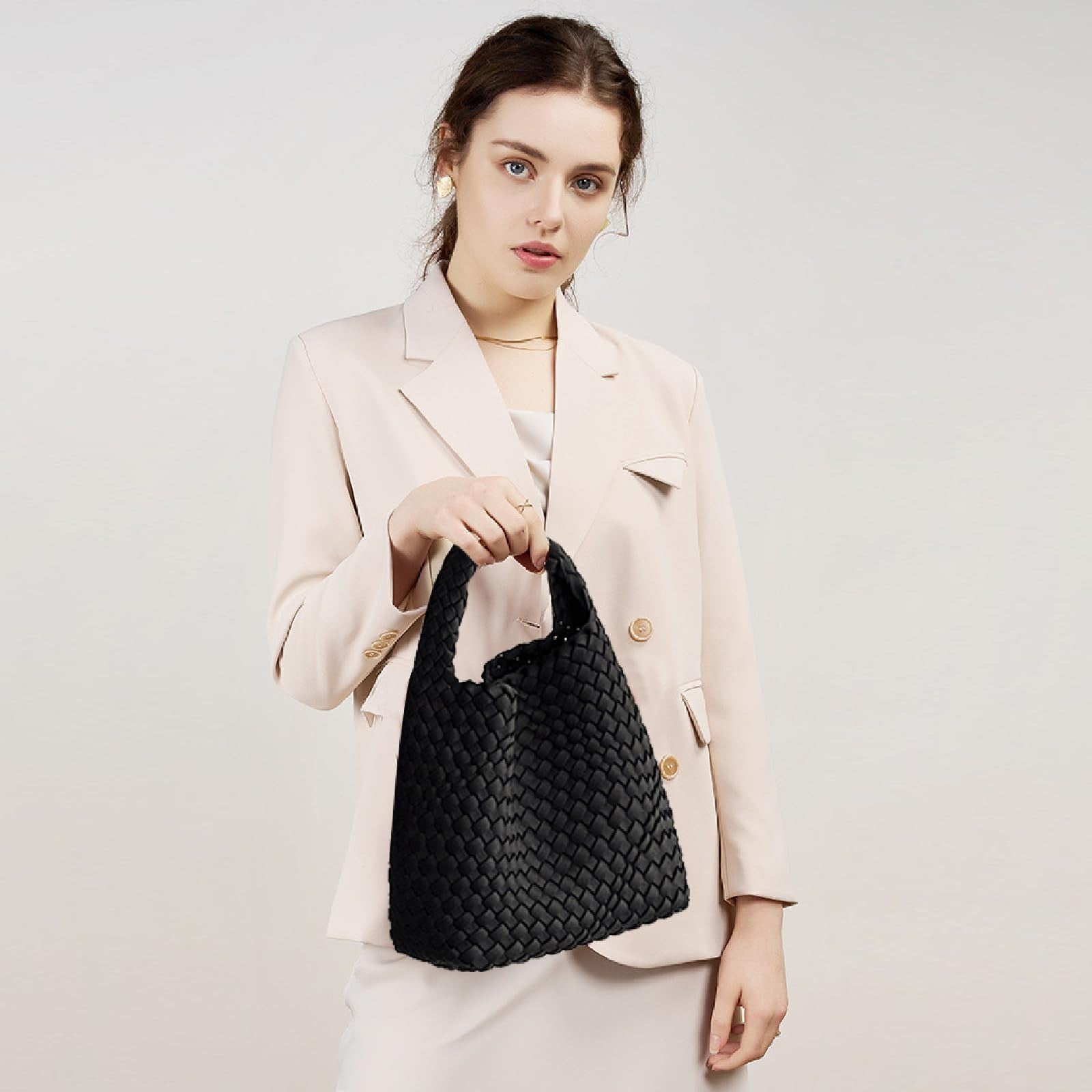 Ladies Black Neoprene Woven Tote Bag & Wallet - Adjustable Shoulder Bag