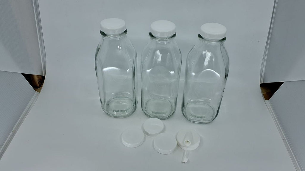 Airtight 32 Oz Glass Milk Bottles – 3 Pack w/ Lids & Pourer, Dishwasher Safe