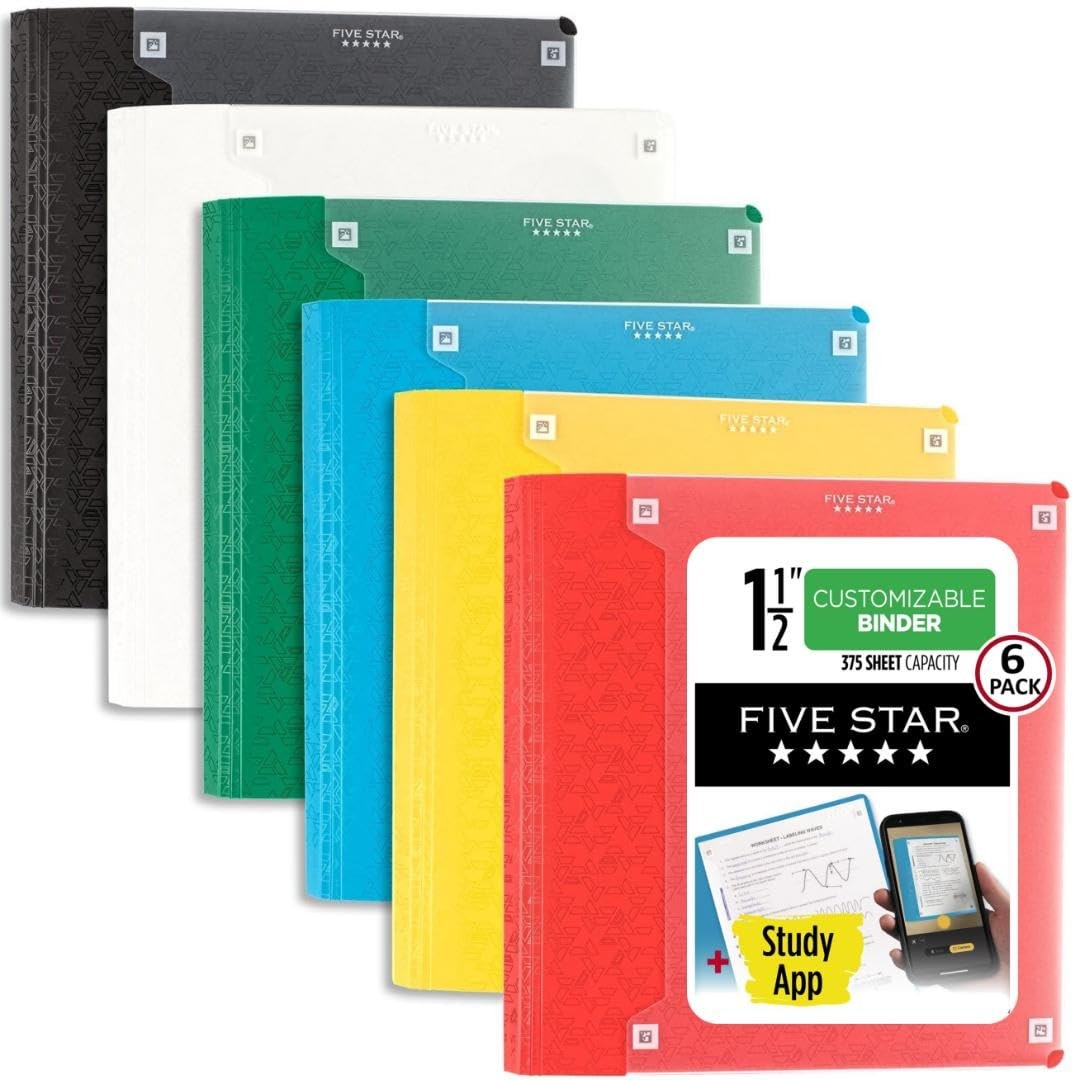 1.5 In Five Star 3-Ring Binder, 375 Sheet Capacity, 6 Pack, Assorted Colors