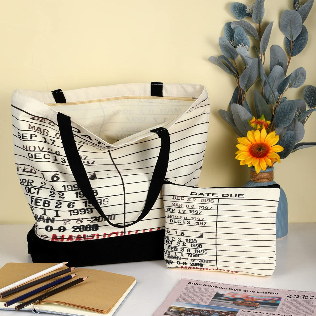 Vintage Library Bag & Cosmetic Pouch, Reusable Canvas, Black/White