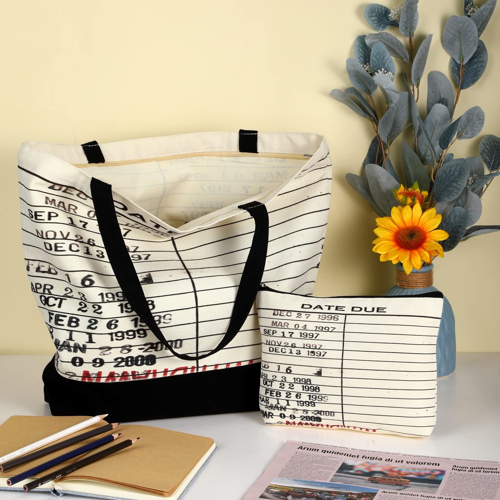 Vintage Library Bag & Cosmetic Pouch, Reusable Canvas, Black/White