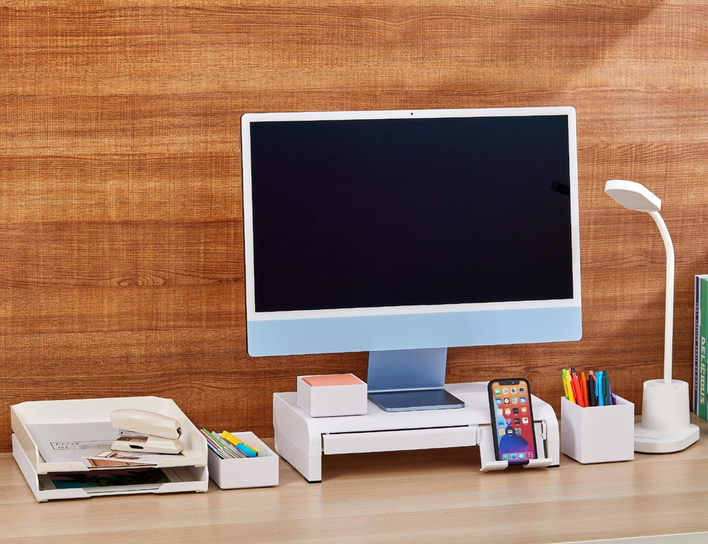 Adjustable Monitor Riser w/ Drawer, Phone Holder & Rubber Feet - White