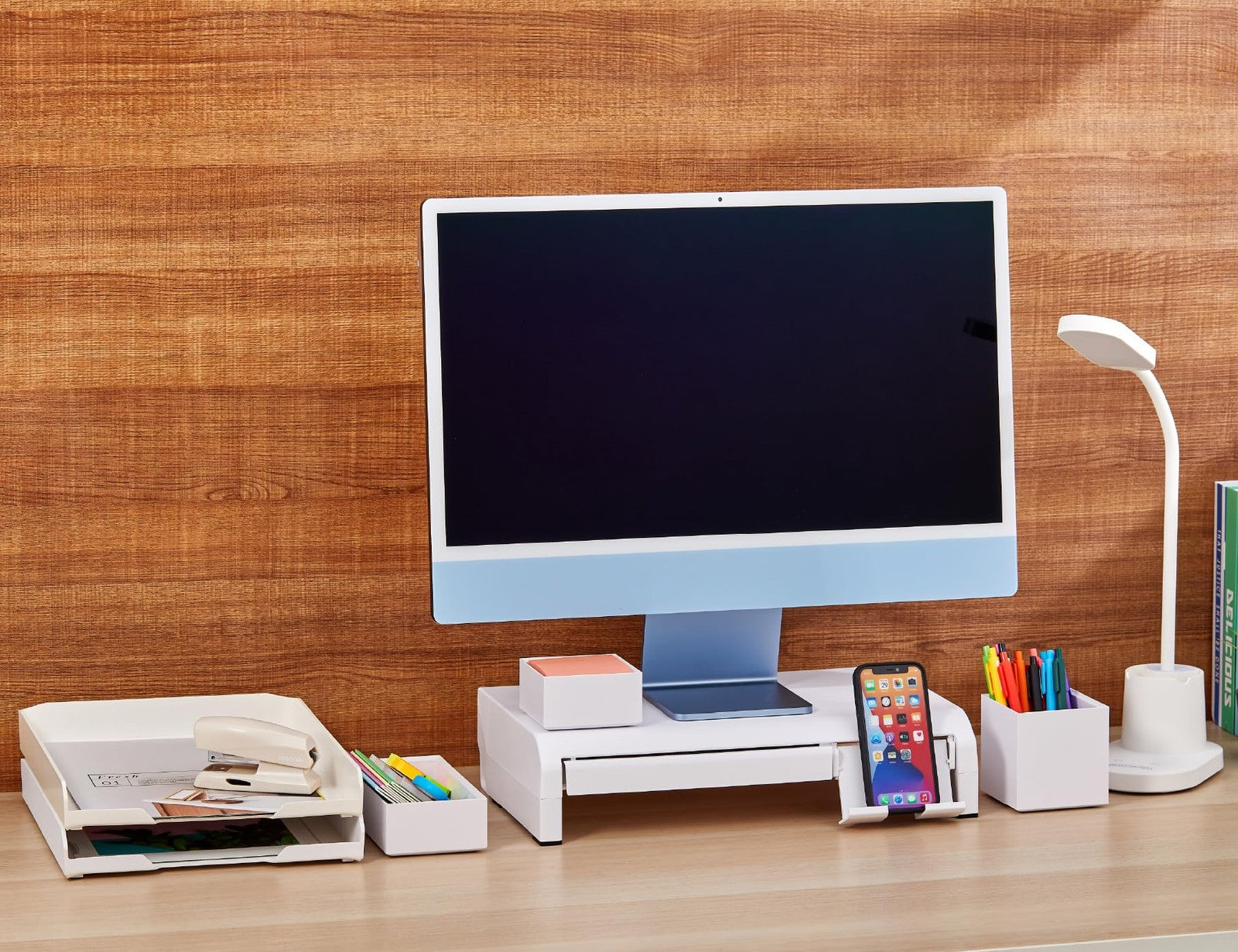 Adjustable Monitor Riser w/ Drawer, Phone Holder & Rubber Feet - White