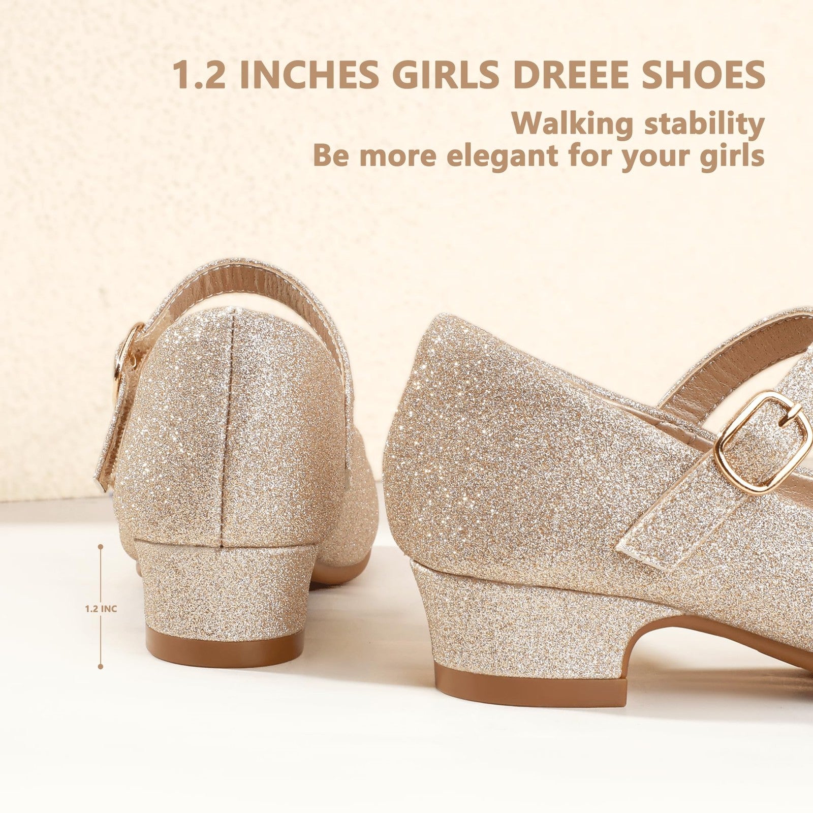 PANDANINJIA Gold Glitter Toddler Dress Shoes 13 M Chunky Heels