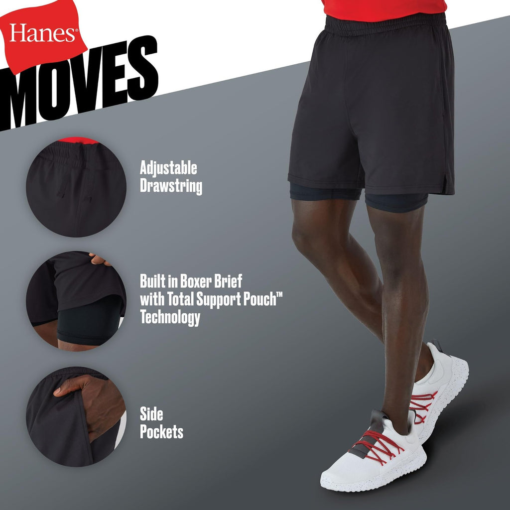 Hanes Men's 5 Inseam Workout Shorts, Black, Total Support Pouch, X-Large