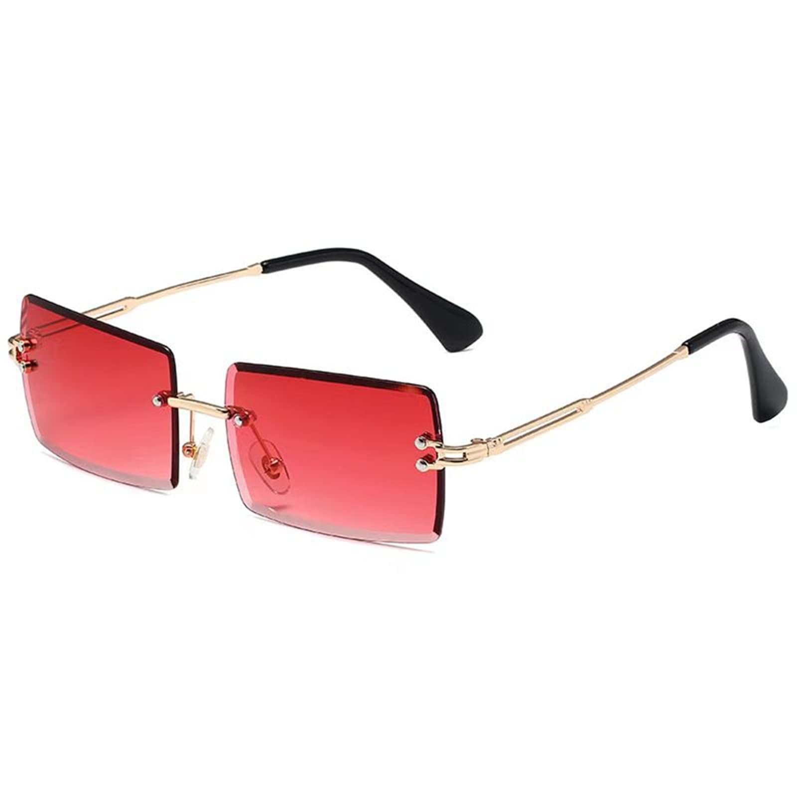 Frameless Vintage Sunglasses, Red, Lightweight Metal, UV400 Protection