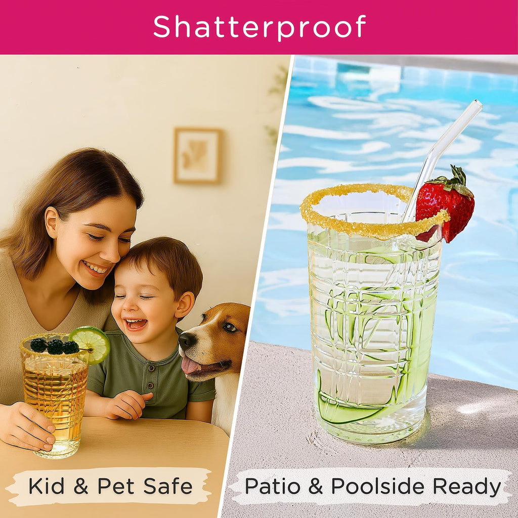 Clear Plaid Acrylic Drinking Glasses Set of 8 - 22oz Tumblers, BPA-Free