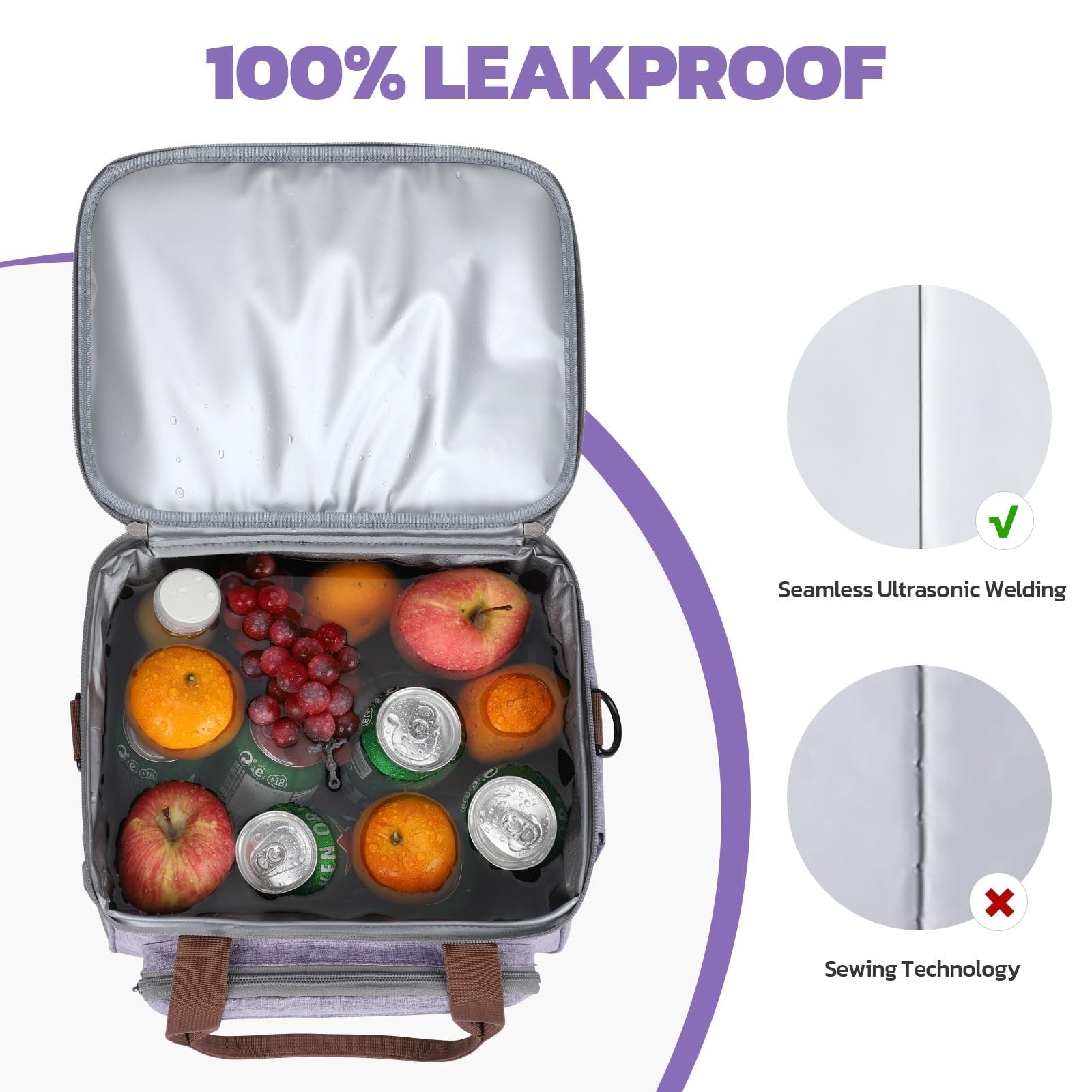 Expandable 23L Lunch Bag, Insulated Cooler with Side Pocket, Lavender