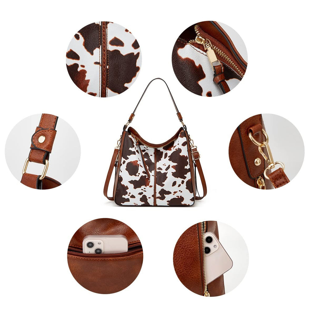 Women Tote Bag Set w/ Handbag, Messenger Bag & Wallet - A-Cow-Brown