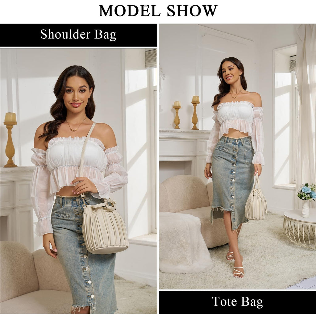 Beige Faux Leather Bucket Bag for Women - Small Crossbody