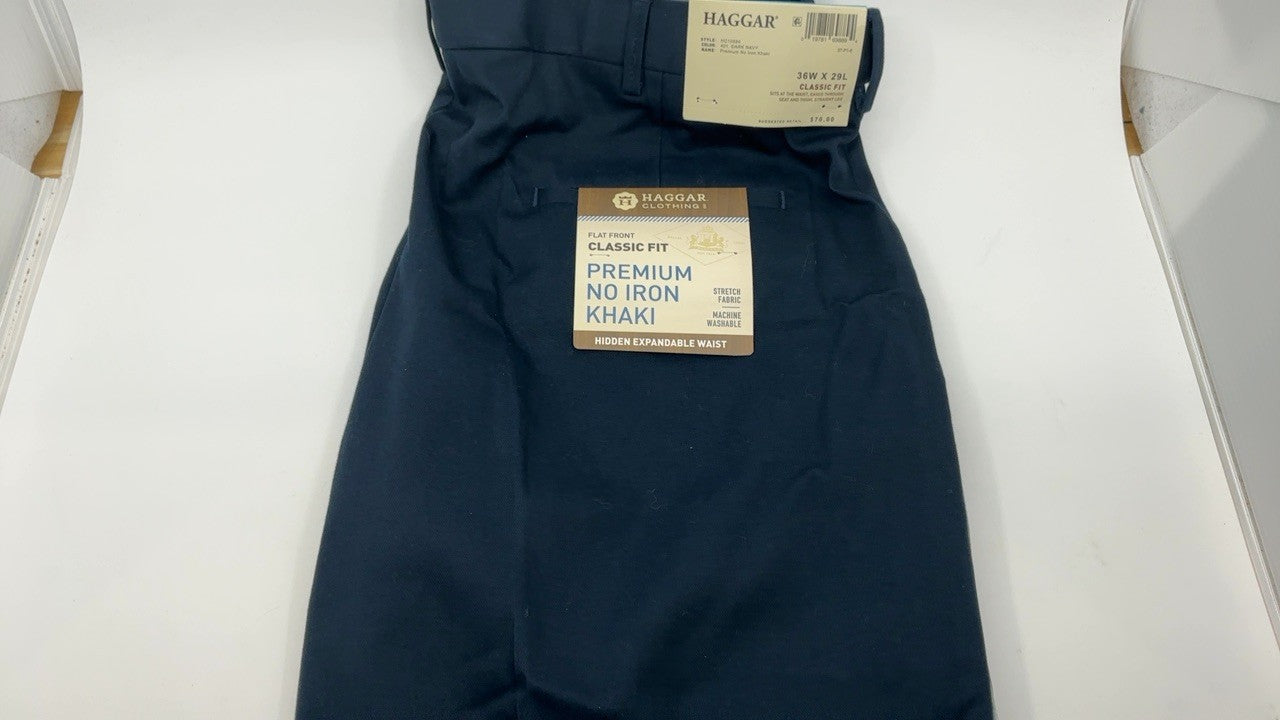 Haggar 36W x 29L Dark Navy No Iron Khaki Flat Front Dress Pants
