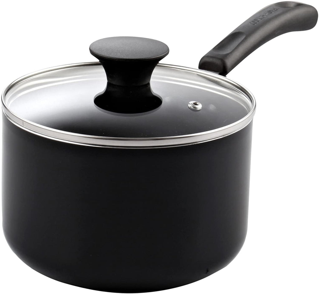 Nonstick Sauce Pan 1 Quart w/ Glass Lid, Black Aluminum Cookware