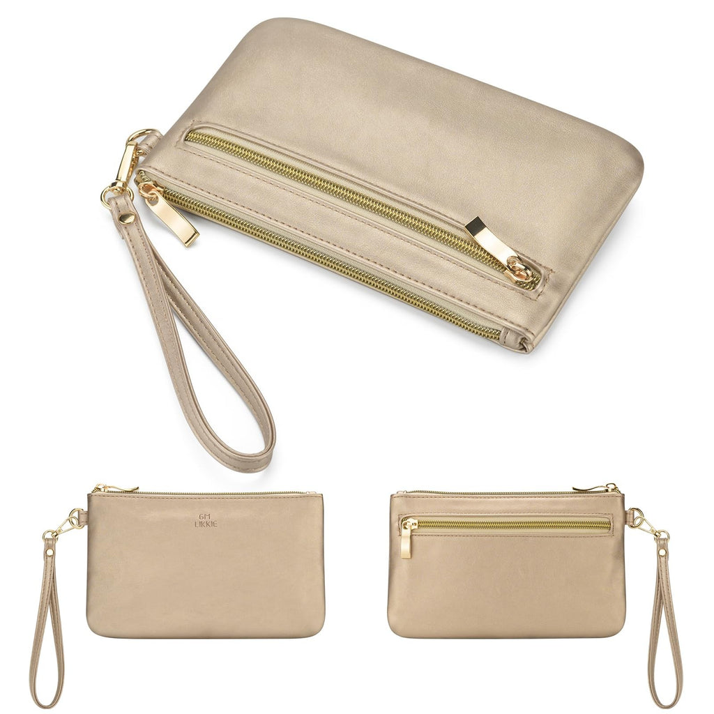 Gold Faux Leather Wristlet Purse w/ Detachable Strap for Women