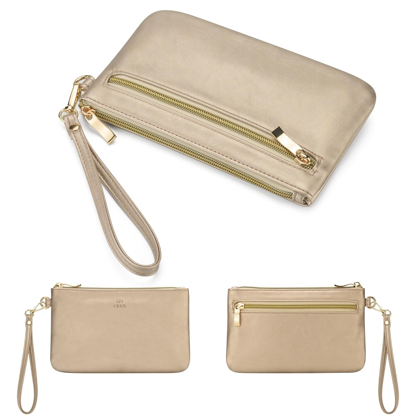 Gold Faux Leather Wristlet Purse w/ Detachable Strap for Women