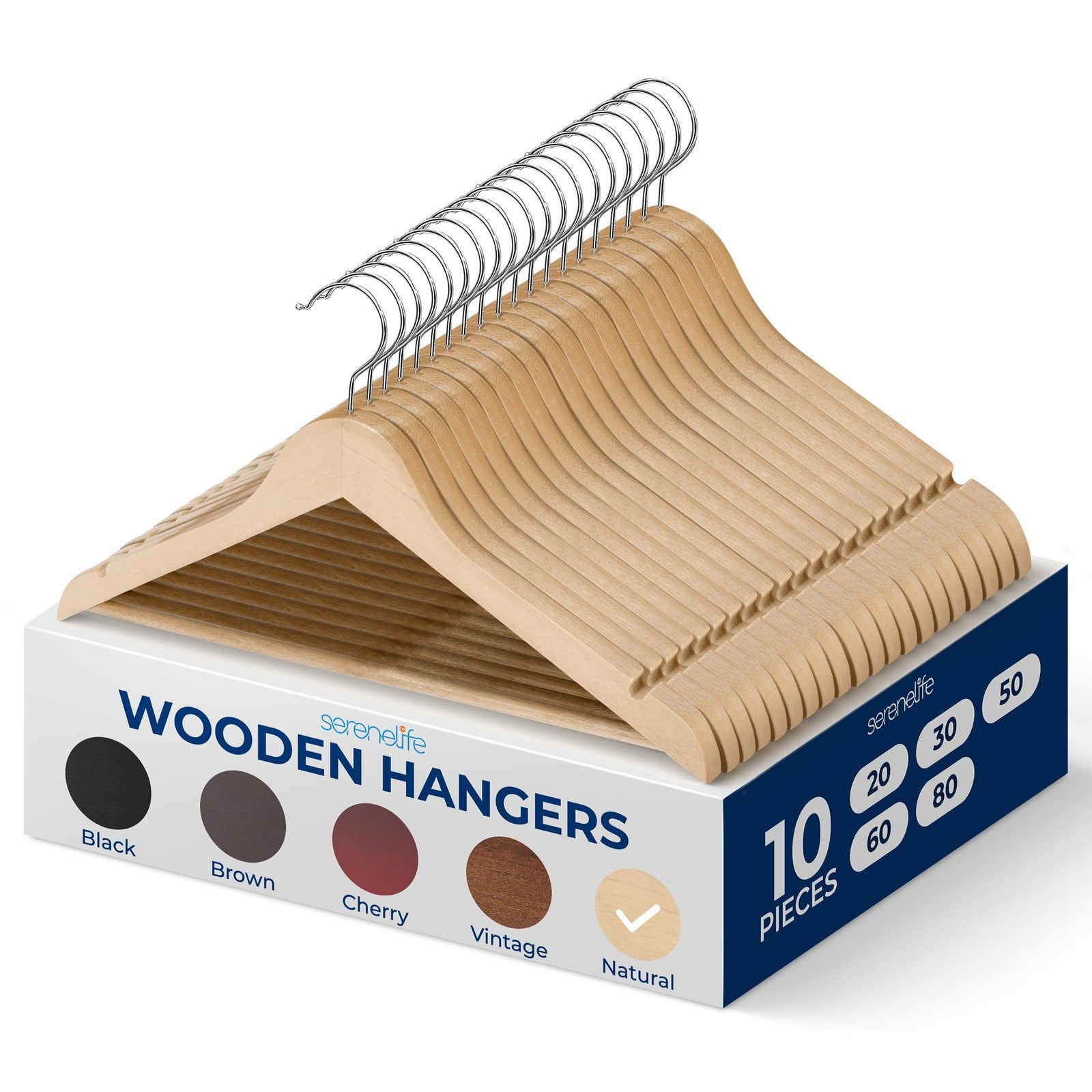 Natural Wood Coat Hangers, 10-Pack, 360° Swivel Hook, Space Saving