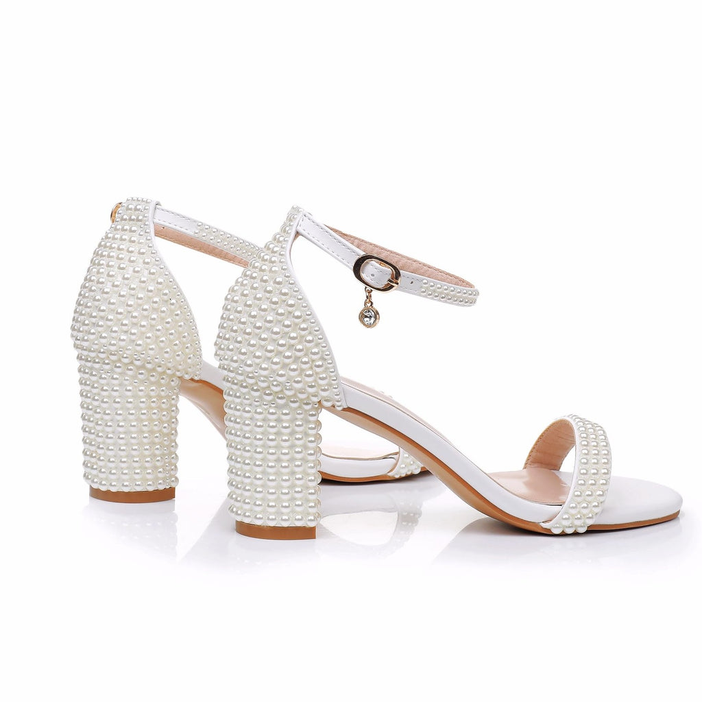 2.95'' Pearls Block Heels Sandals Beige 8 Peep Toe Rhinestone Pumps