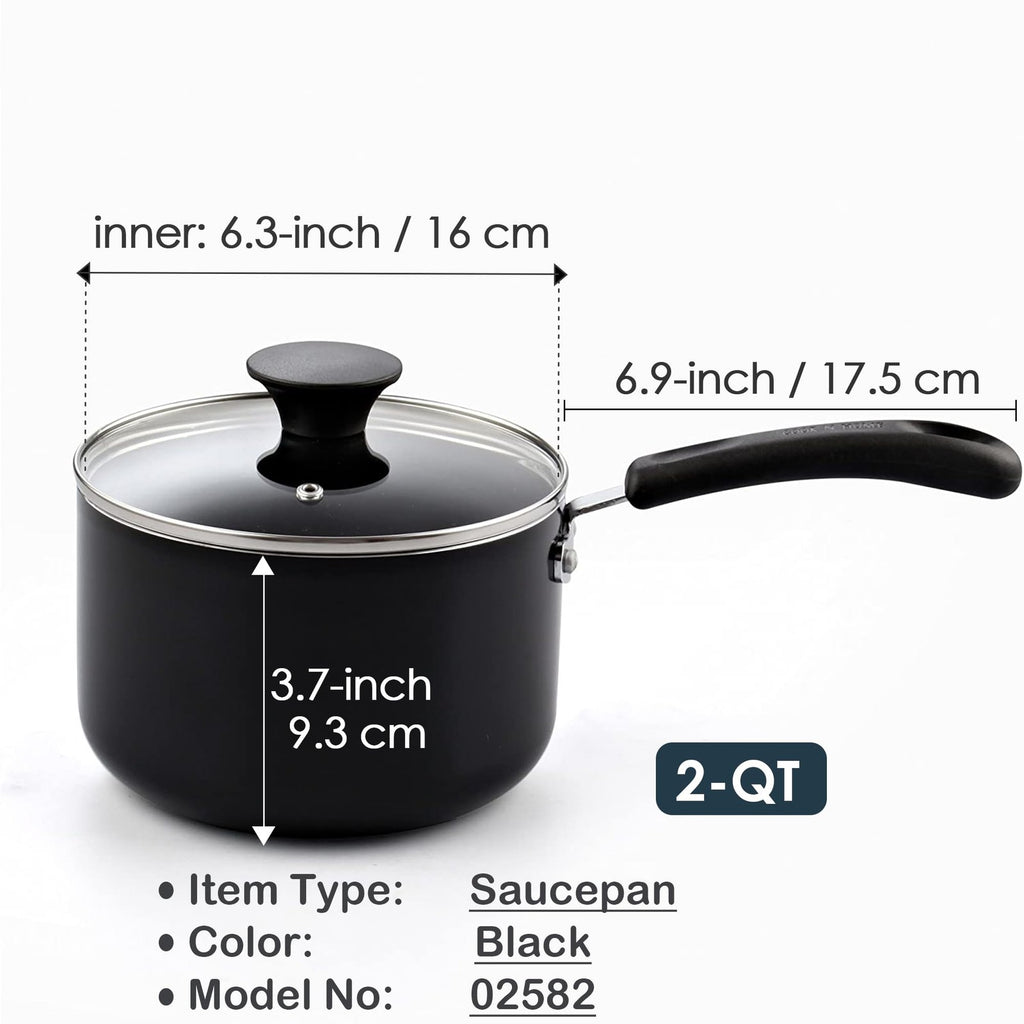 2-Qt Nonstick Saucepan w/ Glass Lid, Black Aluminum Cookware