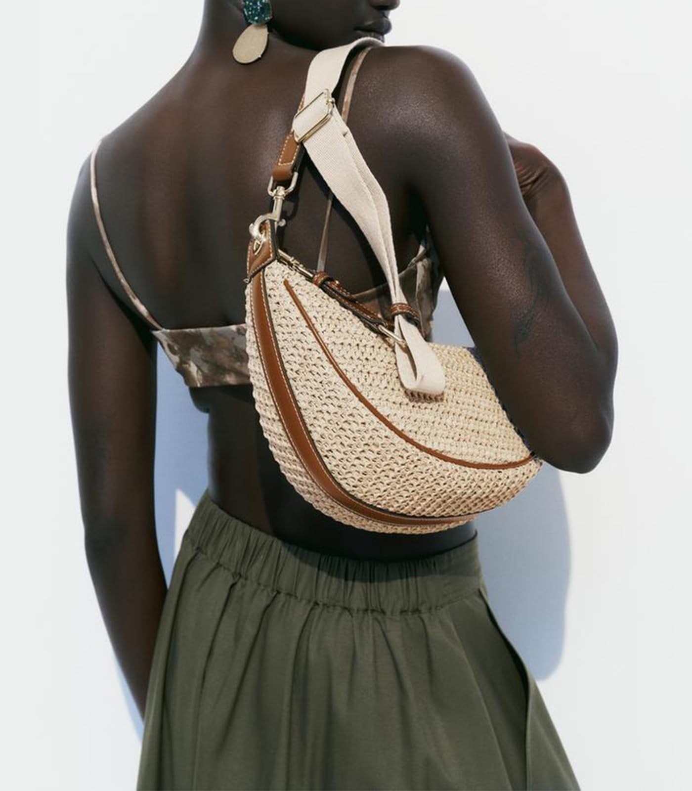 Khaki Straw Crossbody Bag for Women w/ Adjustable Strap - Summer Chic
