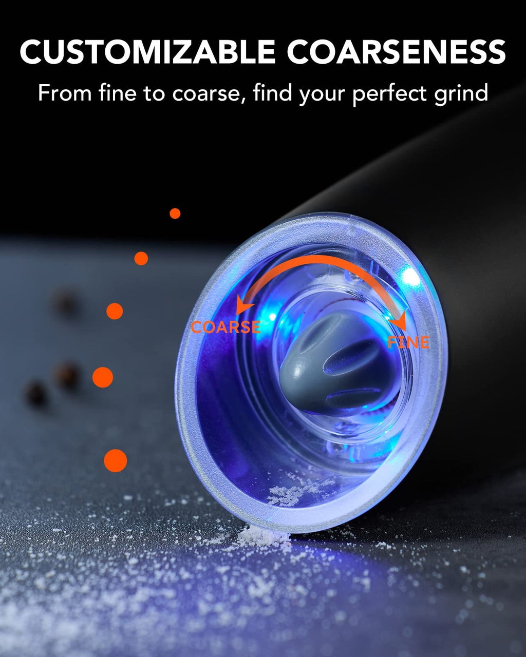 Automatic Salt & Pepper Grinder Set w/ LED Light, Black, Adjustable Coarseness