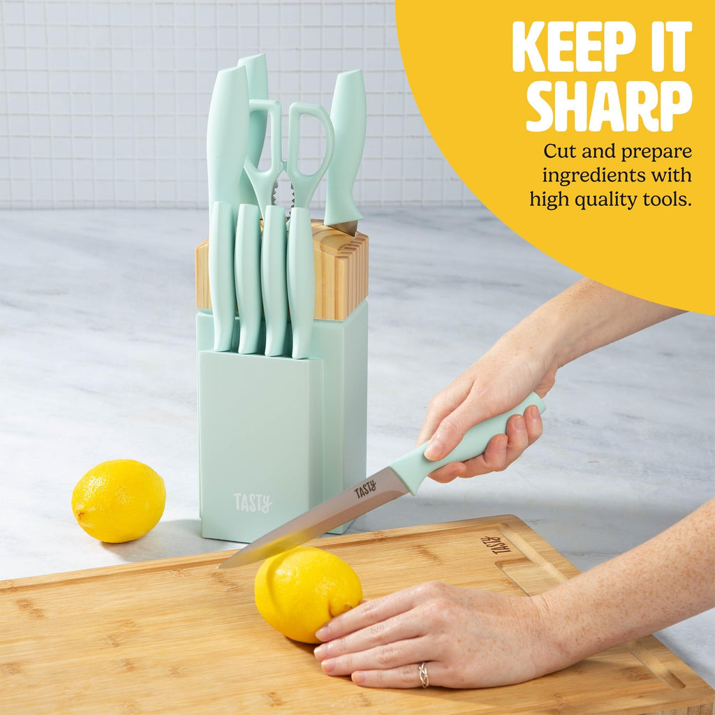 10-Piece Aqua Knife Block Set: Chef, Bread, Utility, Paring, Steak Knives