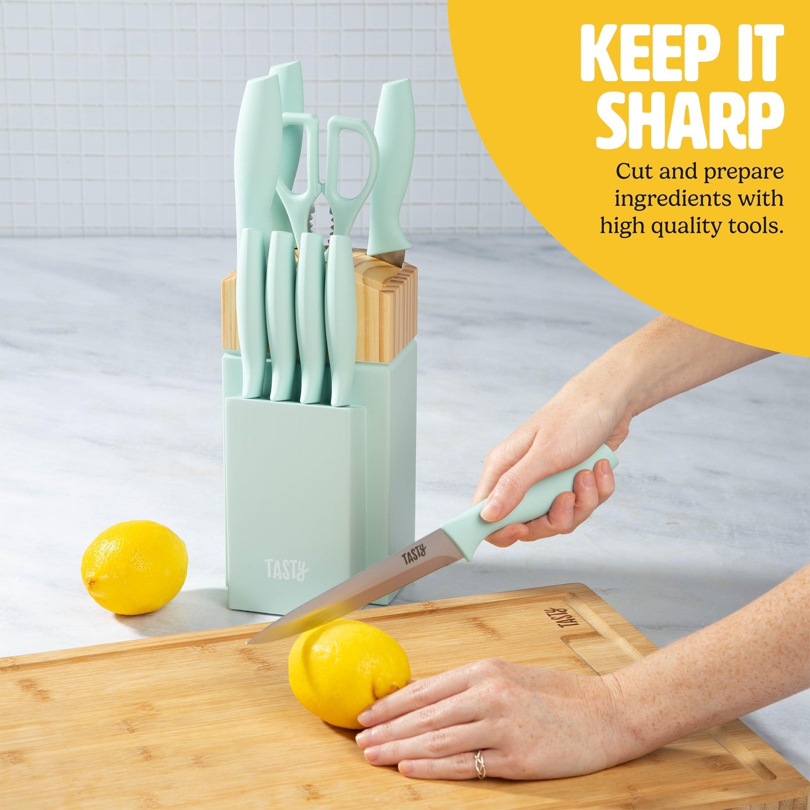 10-Piece Aqua Knife Block Set: Chef, Bread, Utility, Paring, Steak Knives