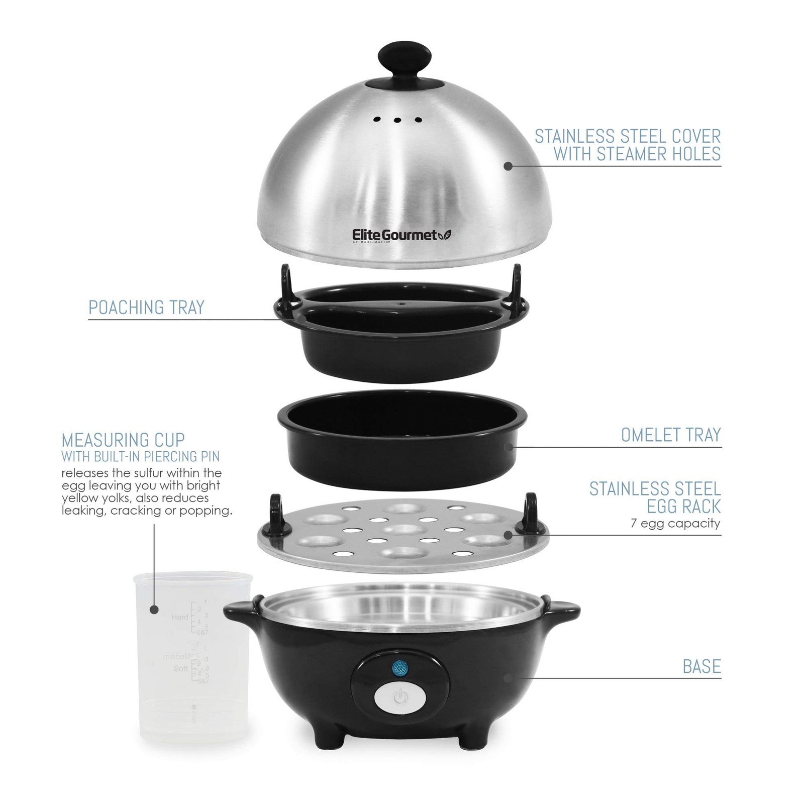 Elite Gourmet EGC-508 Egg Cooker, 7 Egg, Stainless Steel, Auto Shut-Off