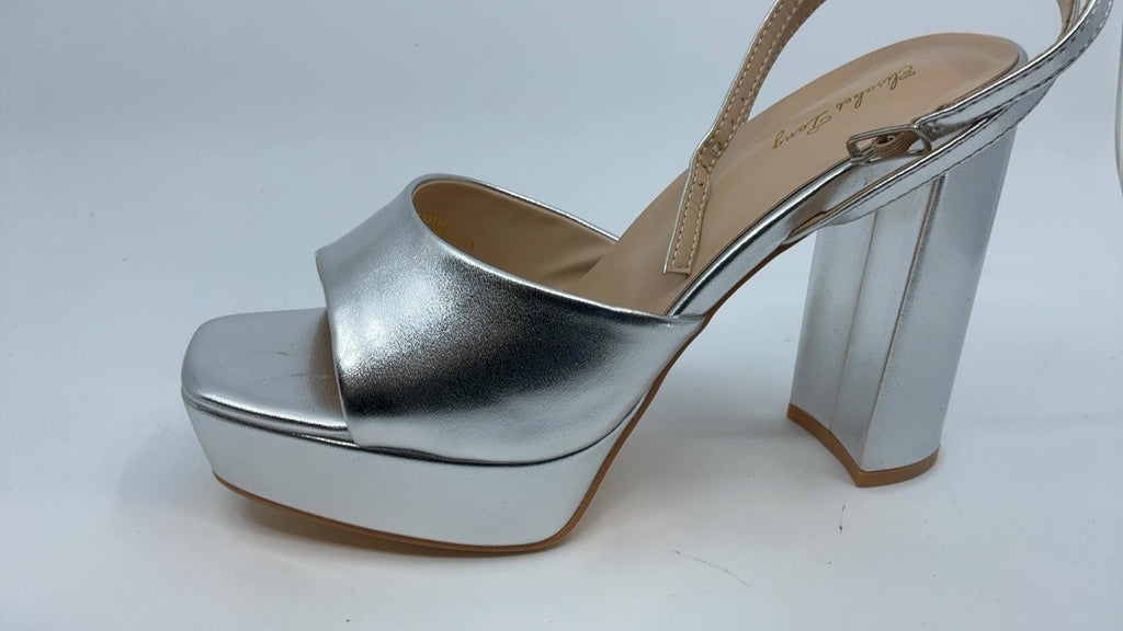 Silver Chunky Heeled Platform Sandals, 4.7 In, Size 8.5, Open Toe
