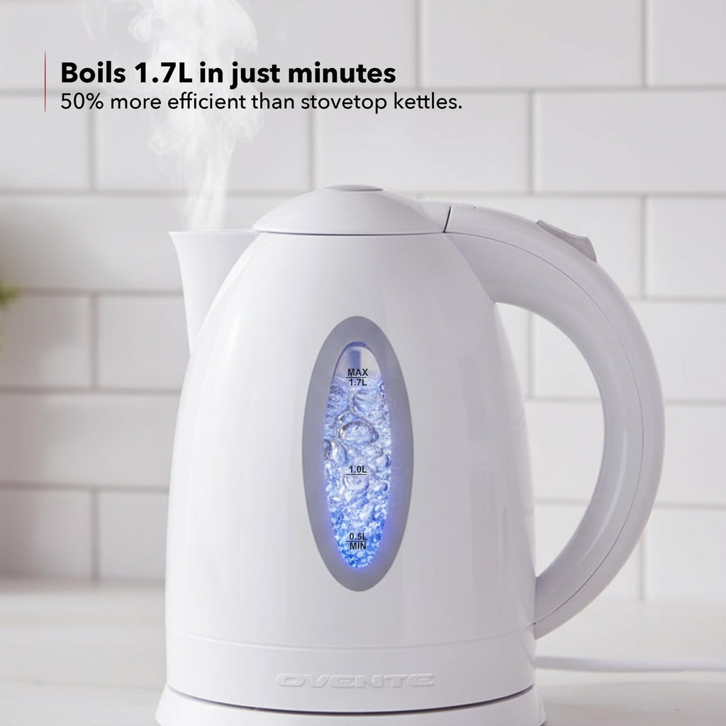 1.7L OVENTE Electric Kettle, Auto Shut-Off, Removable Filter, White