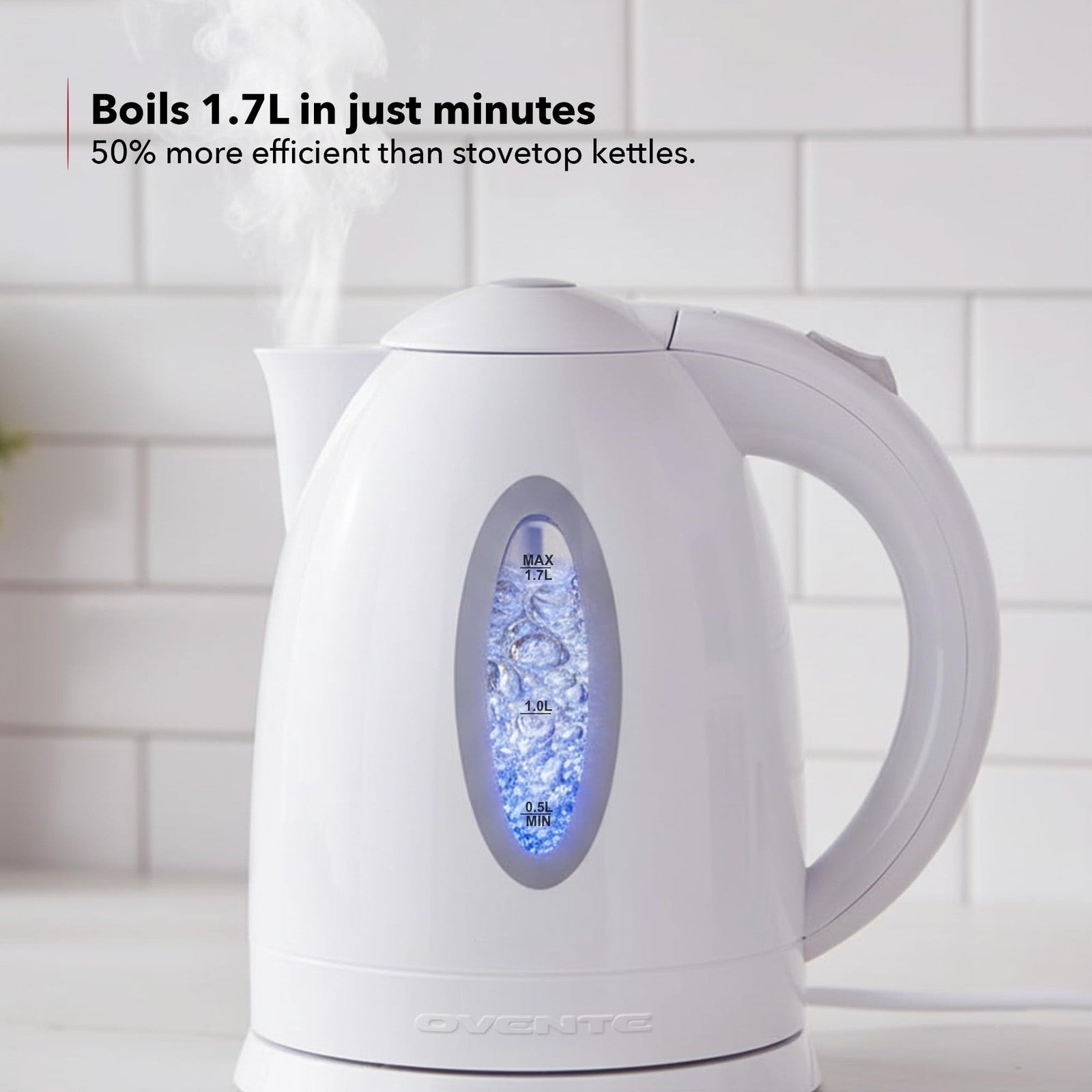 1.7L OVENTE Electric Kettle, Auto Shut-Off, Removable Filter, White