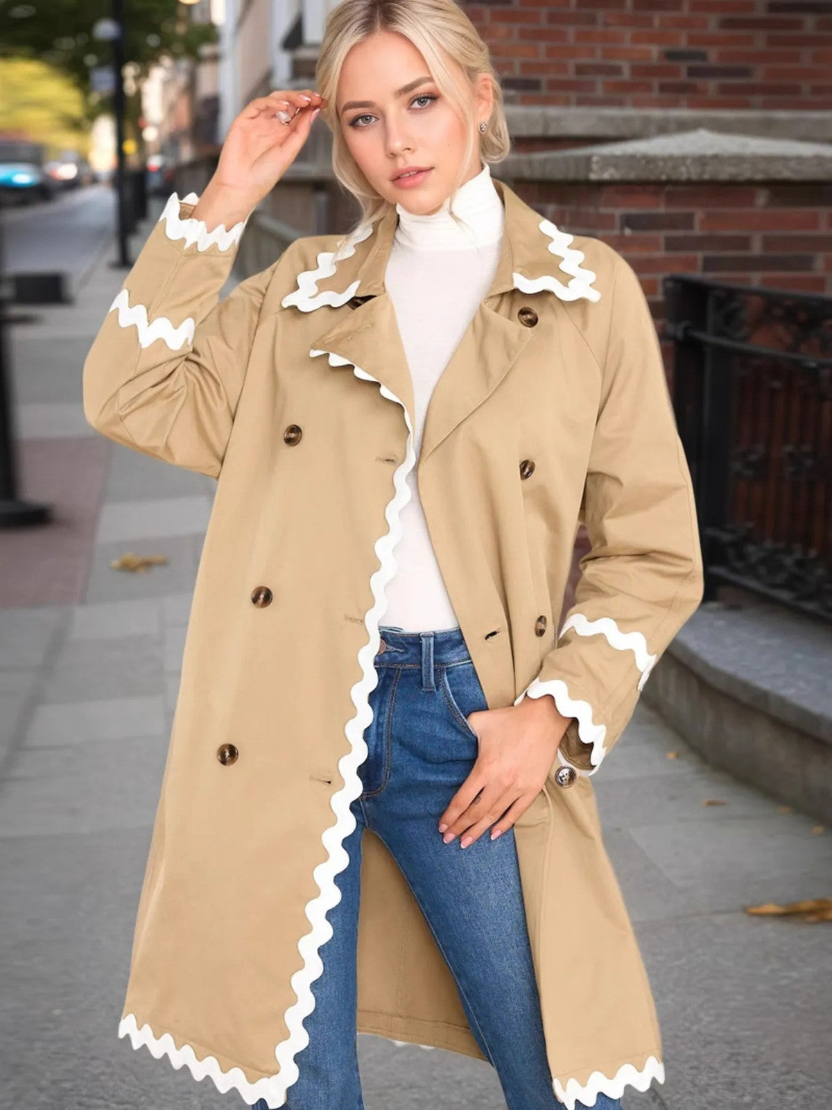 Scalloped Trim Long Sleeve Trench Coat