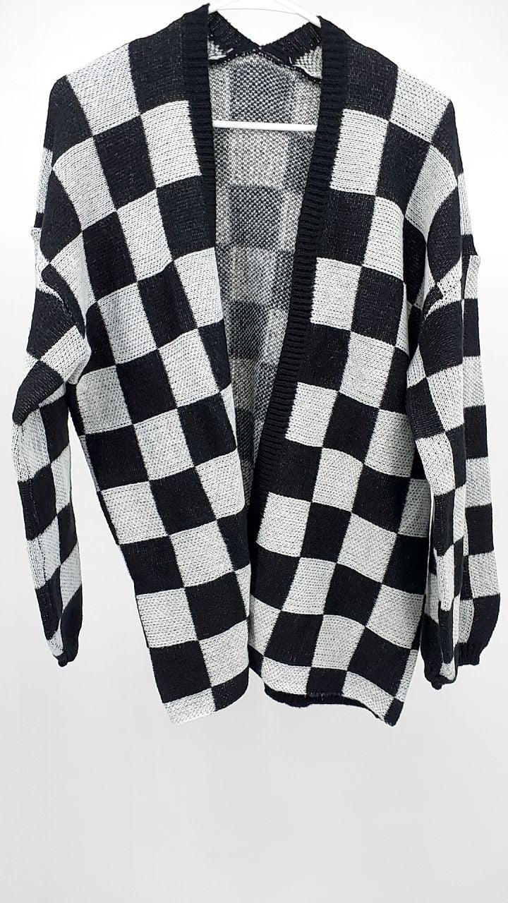 Checkerboard Pattern Open Front Knit Cardigan