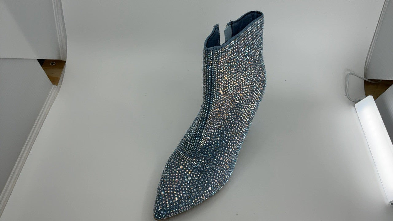 ABSOLEX Women's Blue Denim Pointed Toe Rhinestone Ankle Booties Size 8