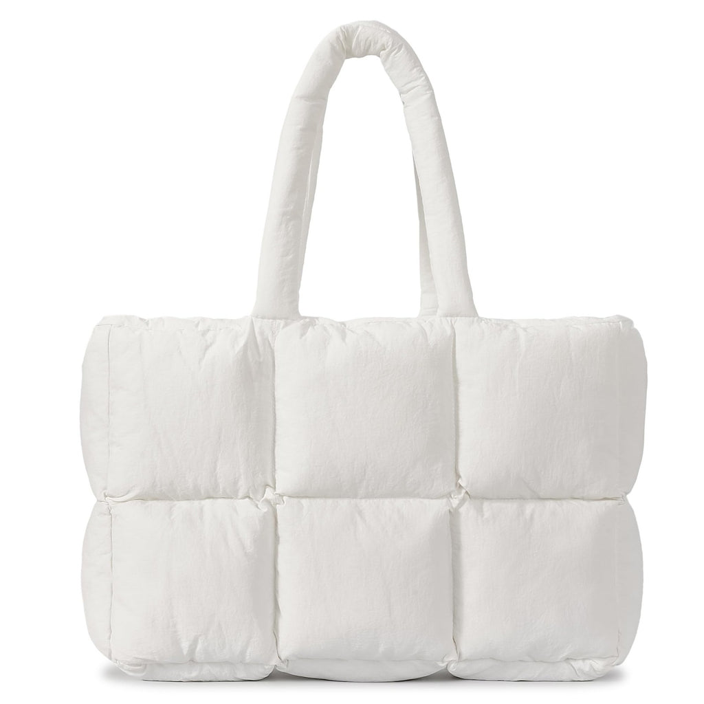 Lightweight White Quilted Puffer Tote Bag, Women's Large Handbag