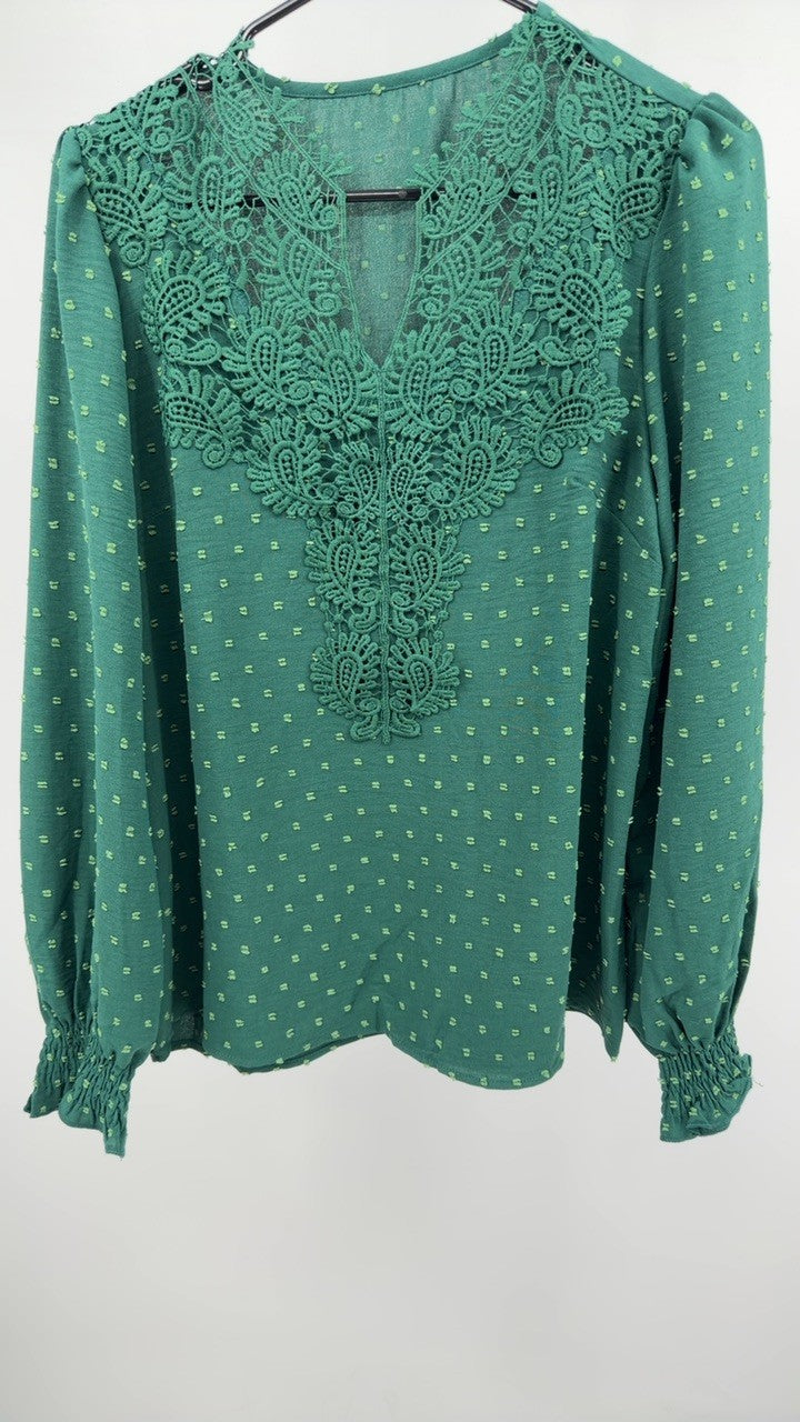 Swiss Dot Lace Detail Long Sleeve Blouse