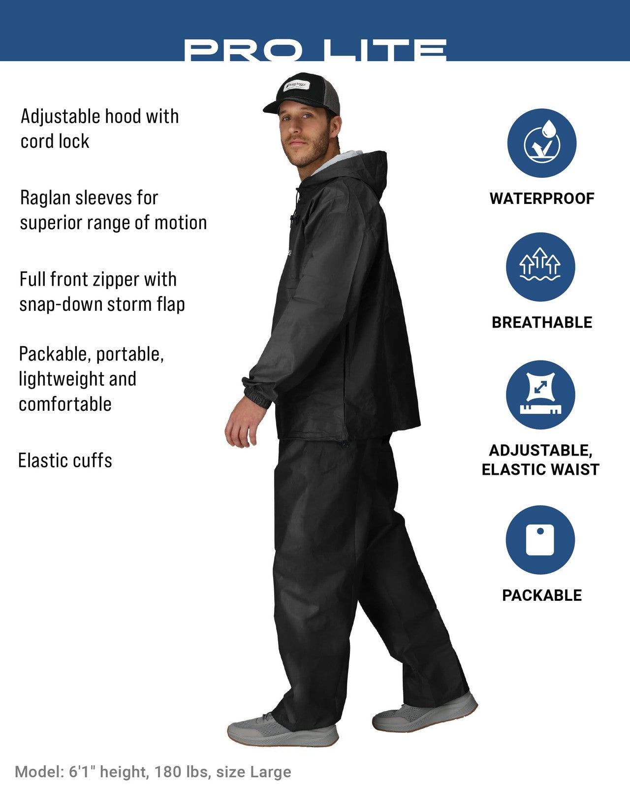 Frogg Toggs Pro Lite Rain Suit, Carbon Black, M/L, Waterproof & Breathable