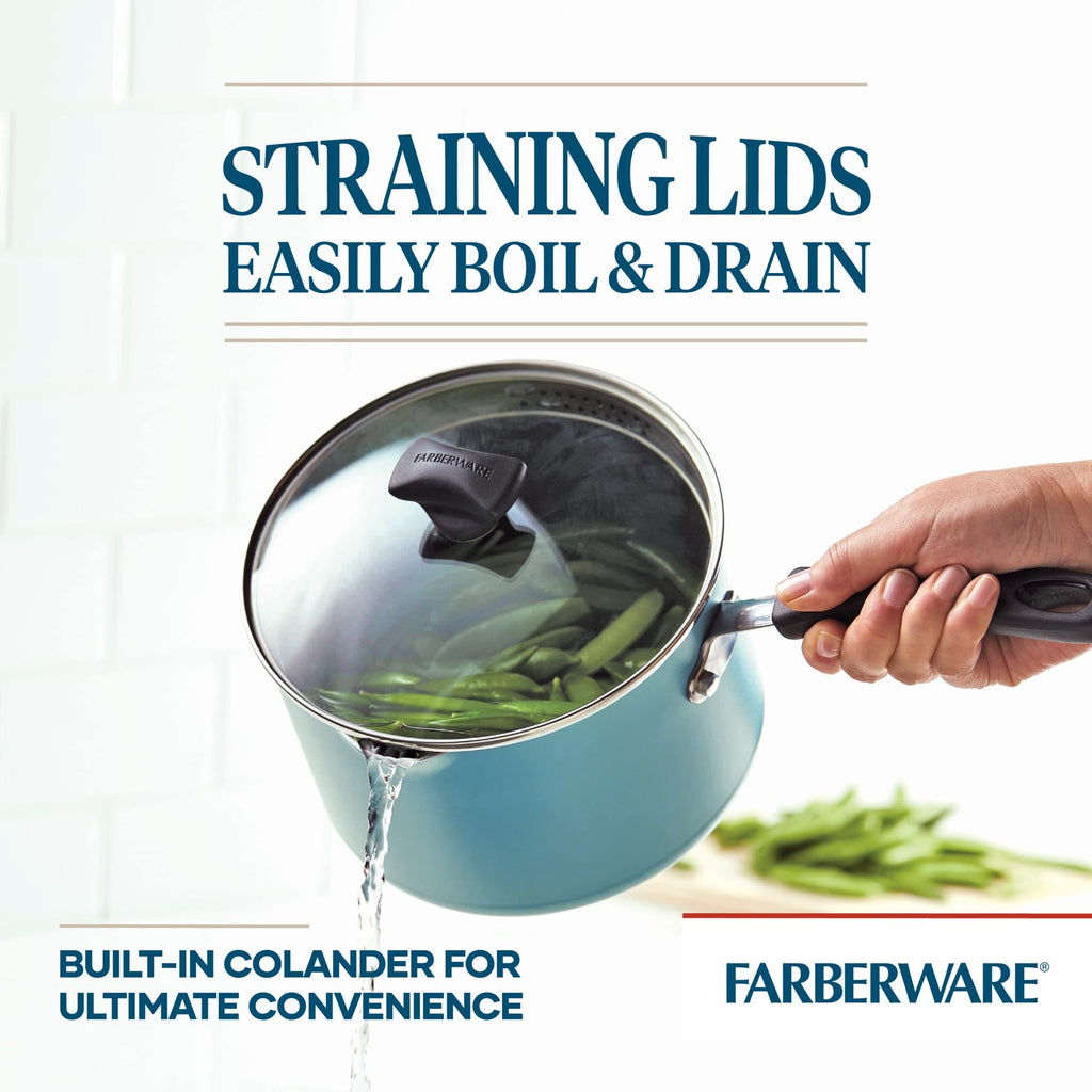 Farberware DiamondMax 3Qt Saucepan w/ Strainer Lid, Aqua, Dishwasher Safe
